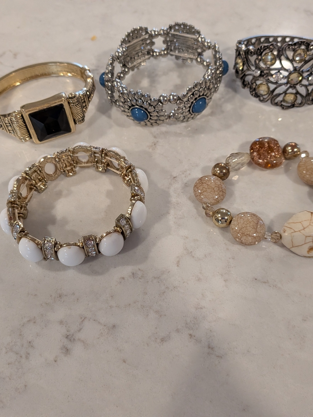 Gold-Tone White Cabochon Stretch Bracelet - Women's Fashion Jewelry Set Of 5